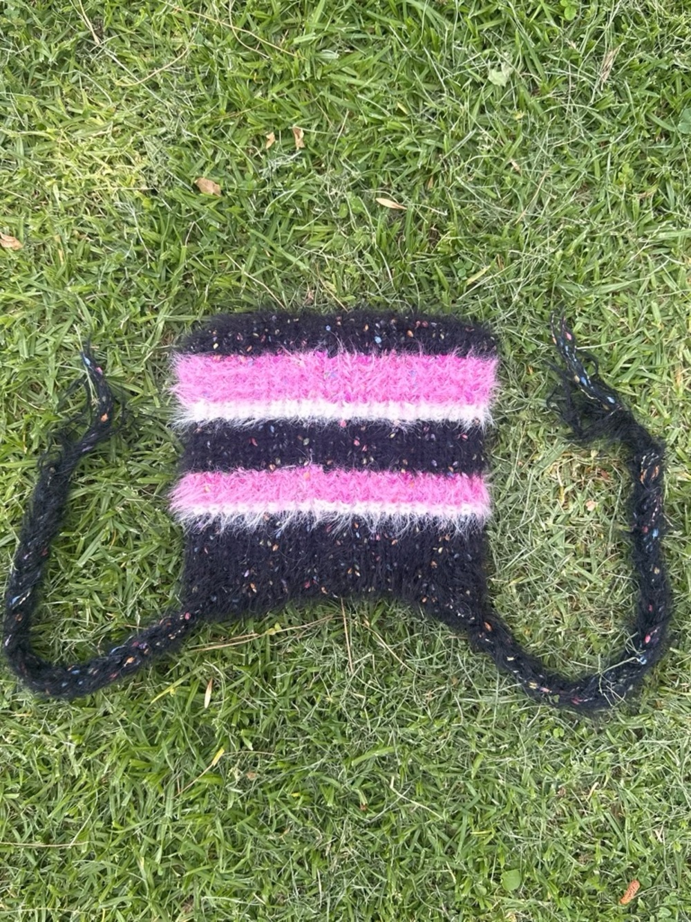 Handmade Fuzzy Knit Earflap Beanie - Black and Pink Stripes
